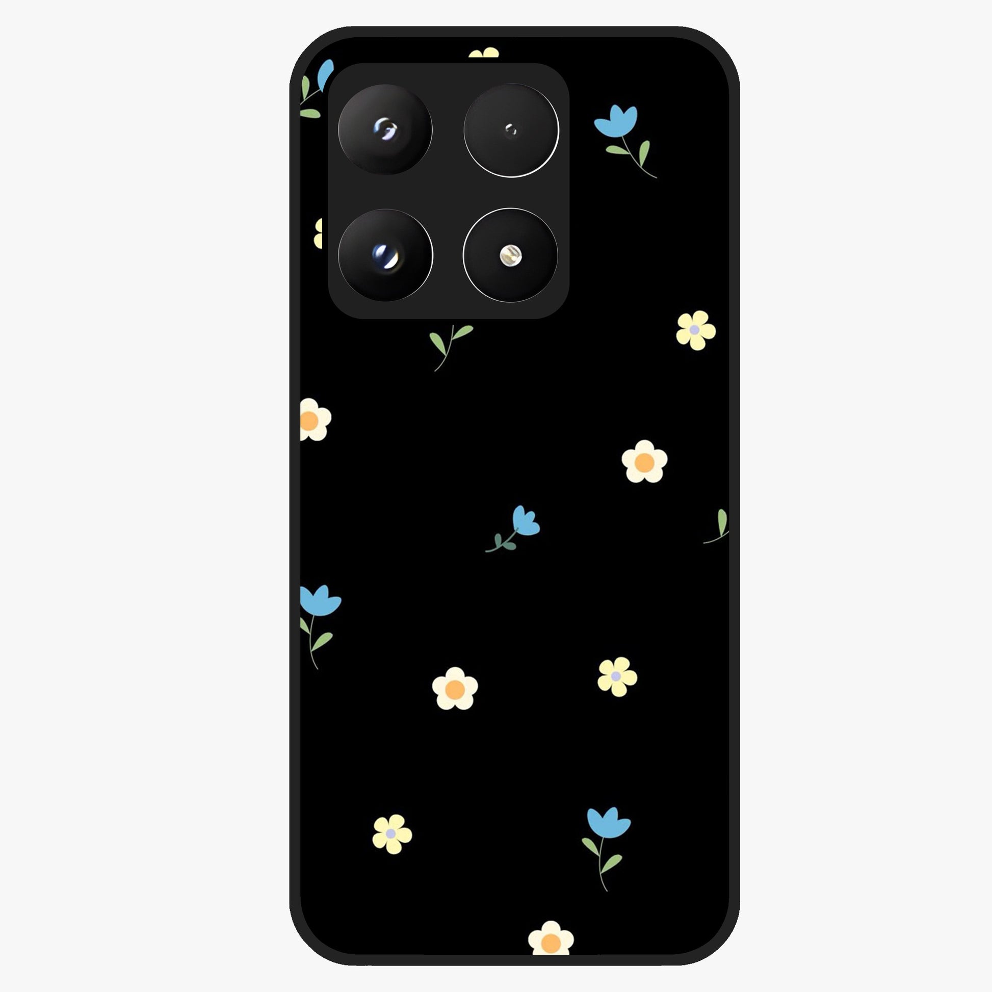 Minimalistic Blue With White Flower Pattern Glass Case showing flat back view with blue background and white flower pattern and glossy glass finish.