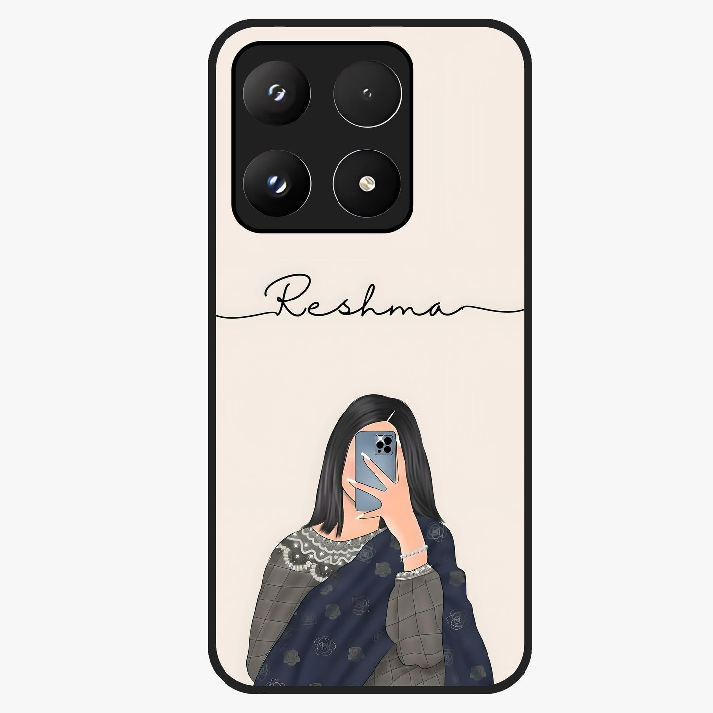 Mirror Mood Muse With Custom Name Glass Case showing flat back view with stylish mirrored artwork and personalized name design.