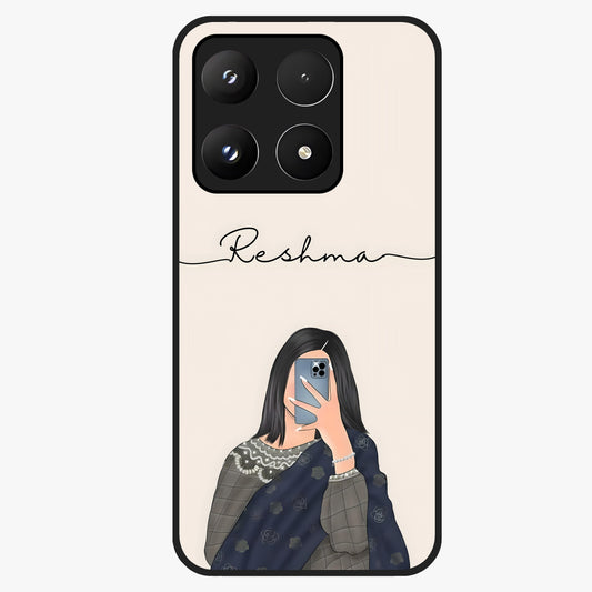 Mirror Mood Muse With Custom Name Glass Case showing flat back view with stylish mirrored artwork and personalized name design.