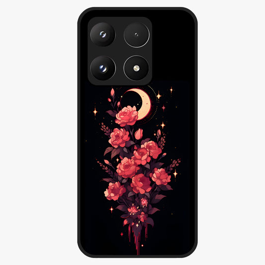 Moonlit Floral Elegance Glass Case showing flat back view with elegant floral artwork under moonlit tones and glossy glass finish.
