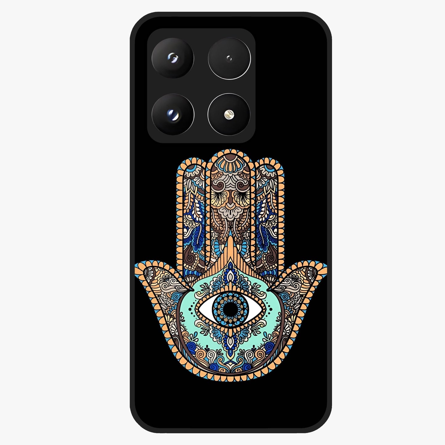 Mystic Hamsa Eye Glass Case showing flat back view with protective hamsa hand and evil eye artwork and glossy glass finish.