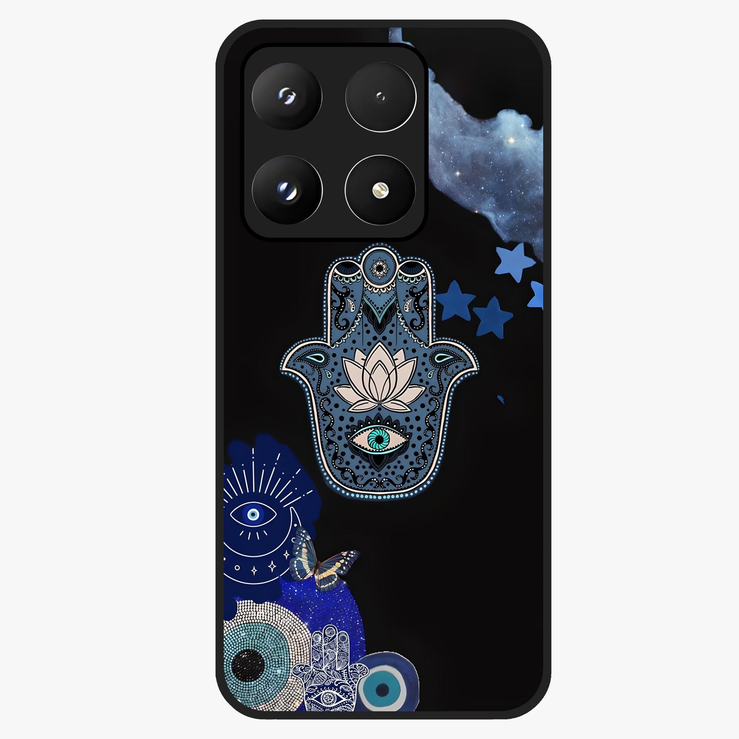 Mystic Hand Aura Glass Case showing flat back view with mystical hand symbol artwork and glossy glass finish.