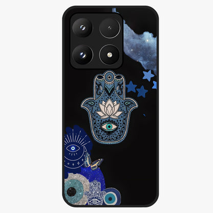 Mystic Hand Aura Glass Case showing flat back view with mystical hand symbol artwork and glossy glass finish.