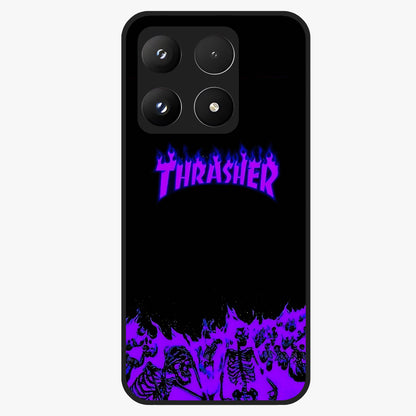 Neon Flame Riot Glass Case showing flat back view with neon flame artwork and glossy glass finish.
