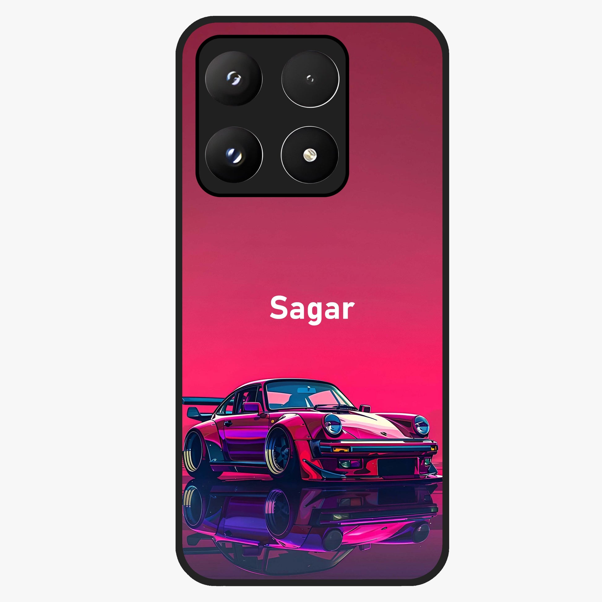 Neon Pink Porsche Glass Case showing flat back view with stylish sports car artwork and glossy glass finish.