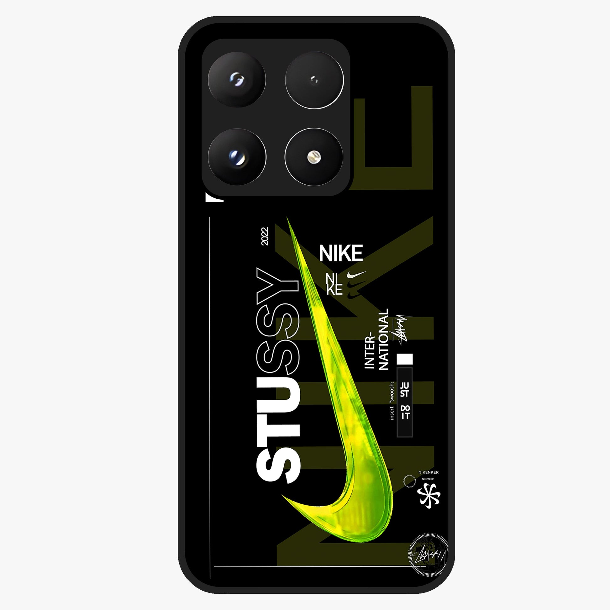 Neon Street Edition Glass Case showing flat back view with neon street style artwork and glossy glass finish.