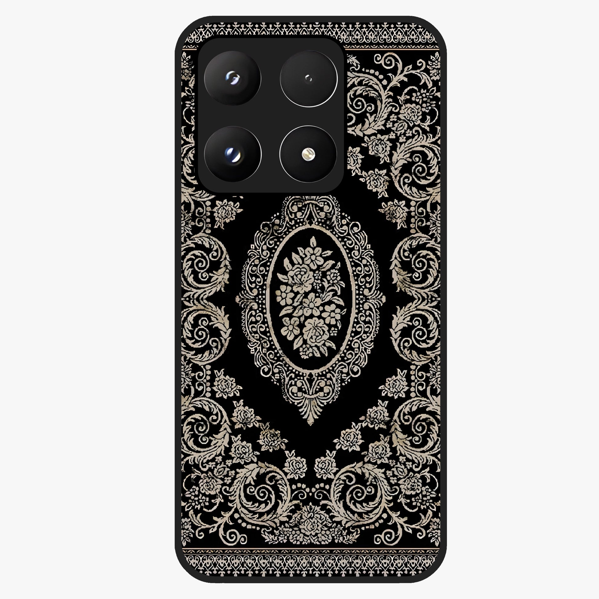 Noir Bloom Elegance Glass Case showing flat back view with elegant dark floral artwork and glossy glass finish.