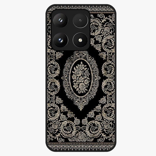 Noir Bloom Elegance Glass Case showing flat back view with elegant dark floral artwork and glossy glass finish.