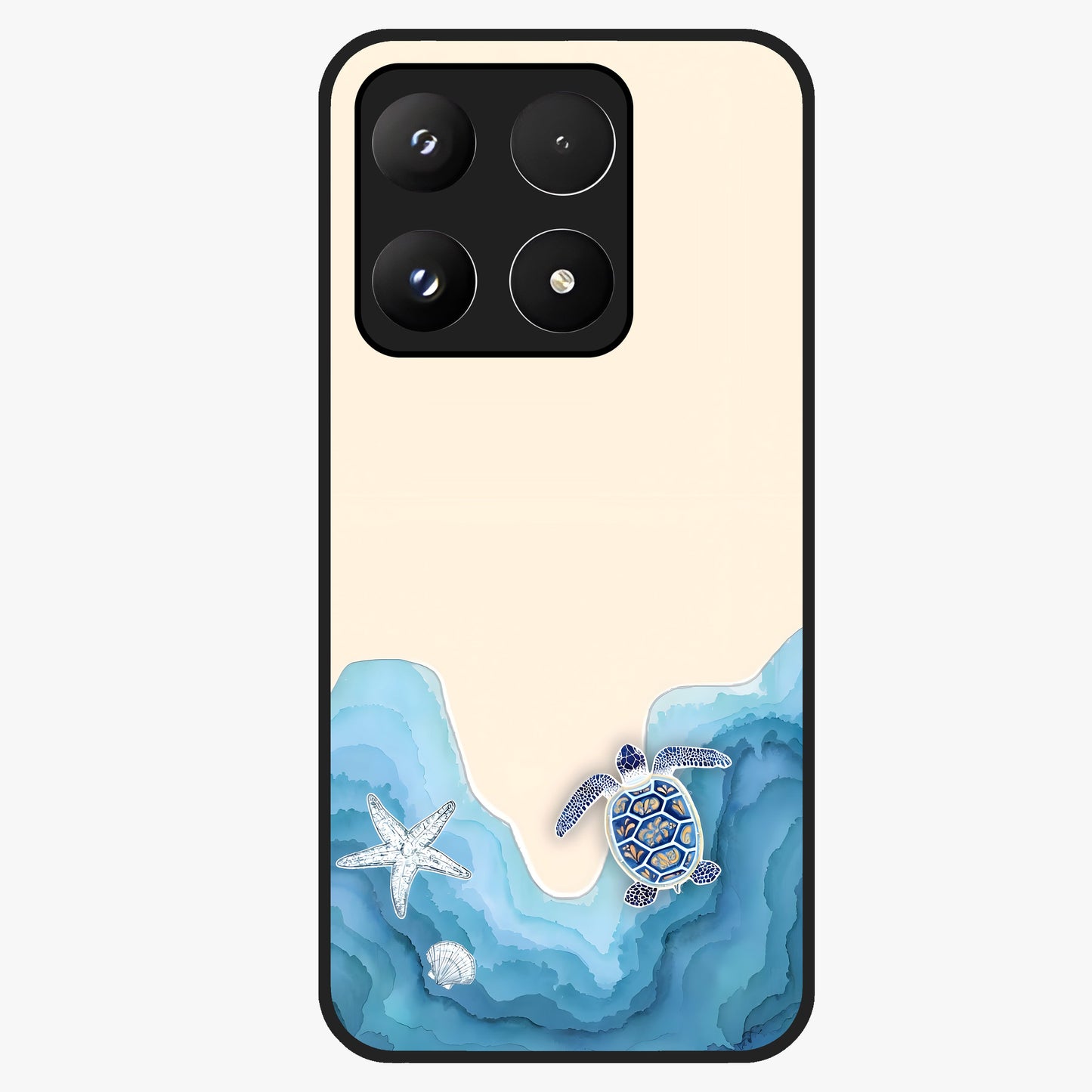 Ocean Drift Turtle Glass Case showing flat back view with sea turtle artwork and glossy glass finish.