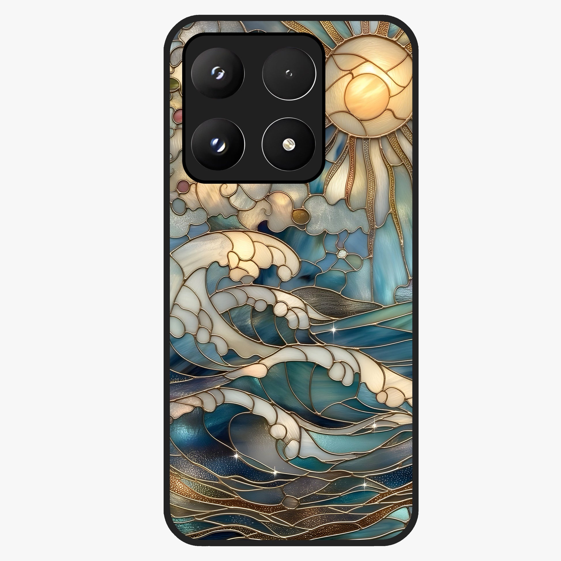 Oceanic Stained Printed Glass Case showing flat back view with ocean inspired stained pattern artwork and glossy glass finish.