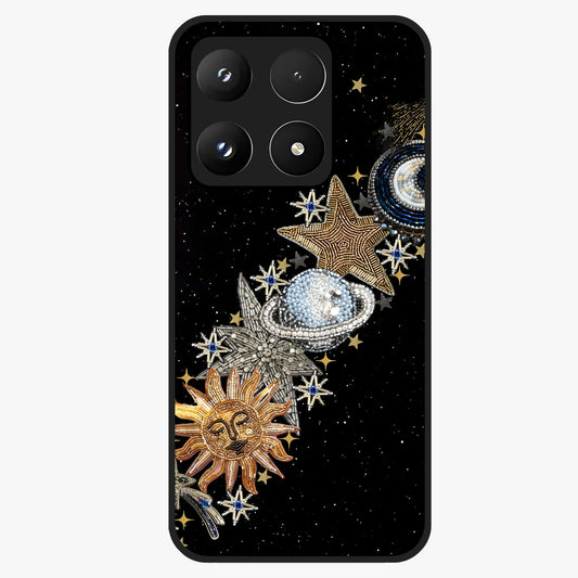 Pearls Universe Object Glass Case showing flat back view with pearl inspired cosmic artwork and glossy glass finish.