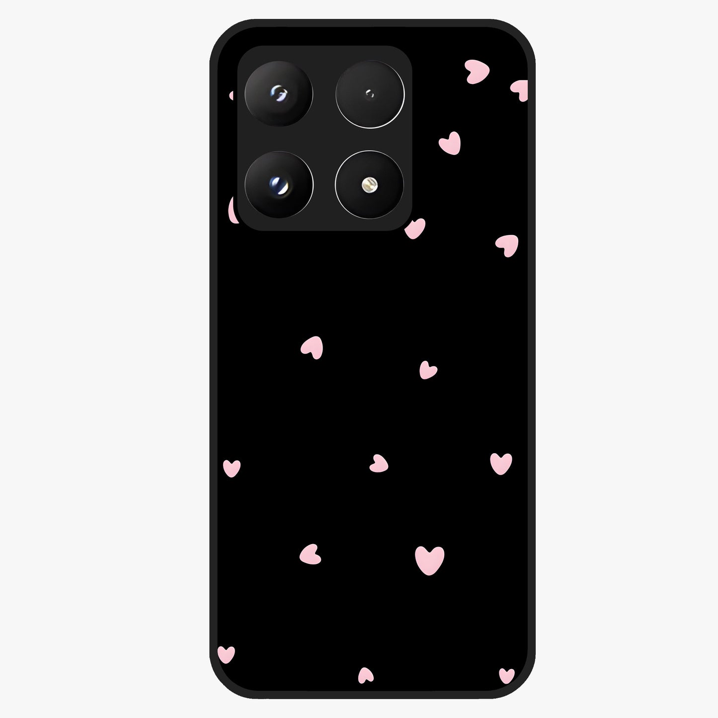 Pink Love Drops Glass Case showing flat back view with playful pink heart drops artwork and glossy glass finish.