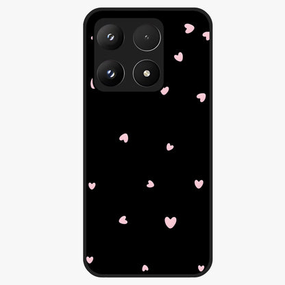 Pink Love Drops Glass Case showing flat back view with playful pink heart drops artwork and glossy glass finish.