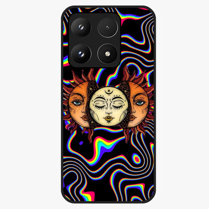 Psychedelic Sun Glass Case showing flat back view with colorful psychedelic sun artwork and glossy glass finish.