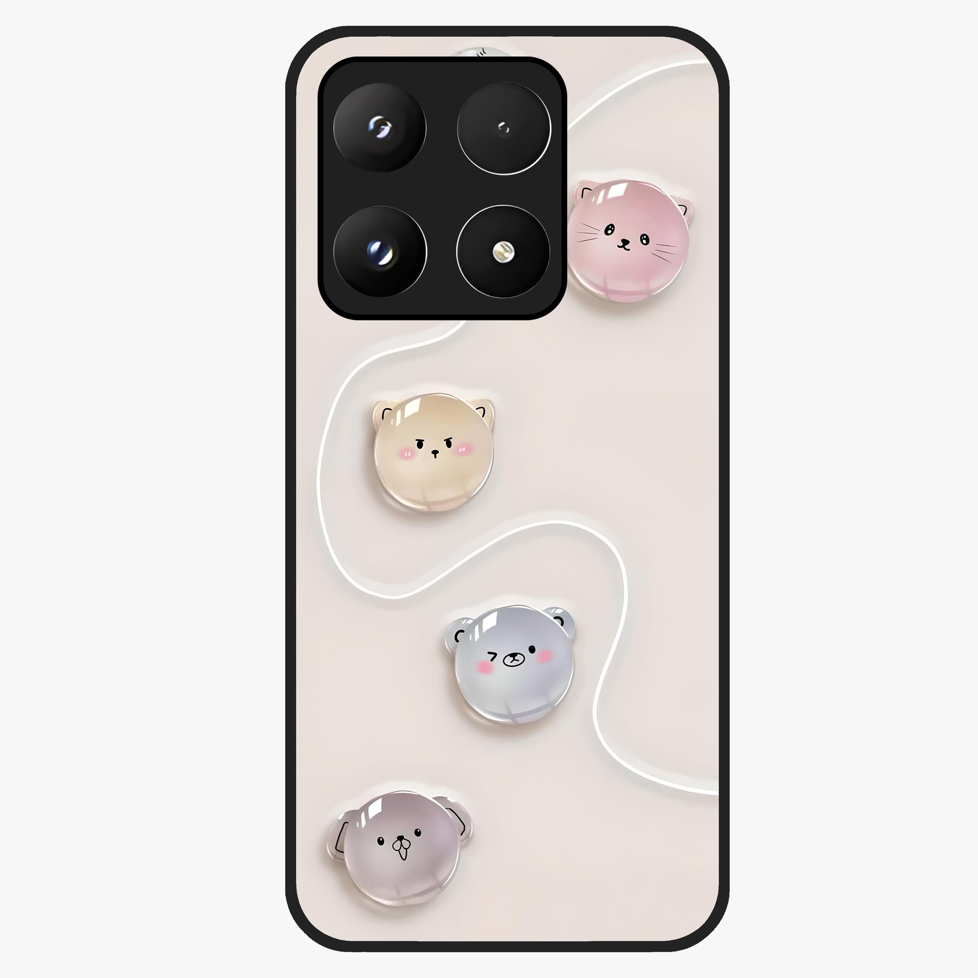 Puffy Face Parade Glass Case showing flat back view with cute puffy character faces artwork and glossy glass finish.
