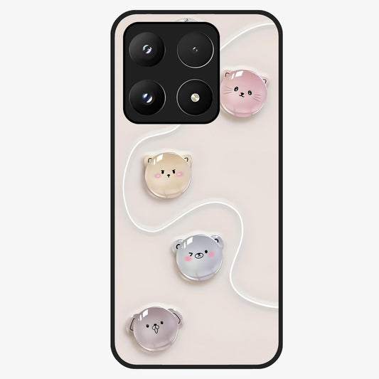 Puffy Face Parade Glass Case showing flat back view with cute puffy character faces artwork and glossy glass finish.