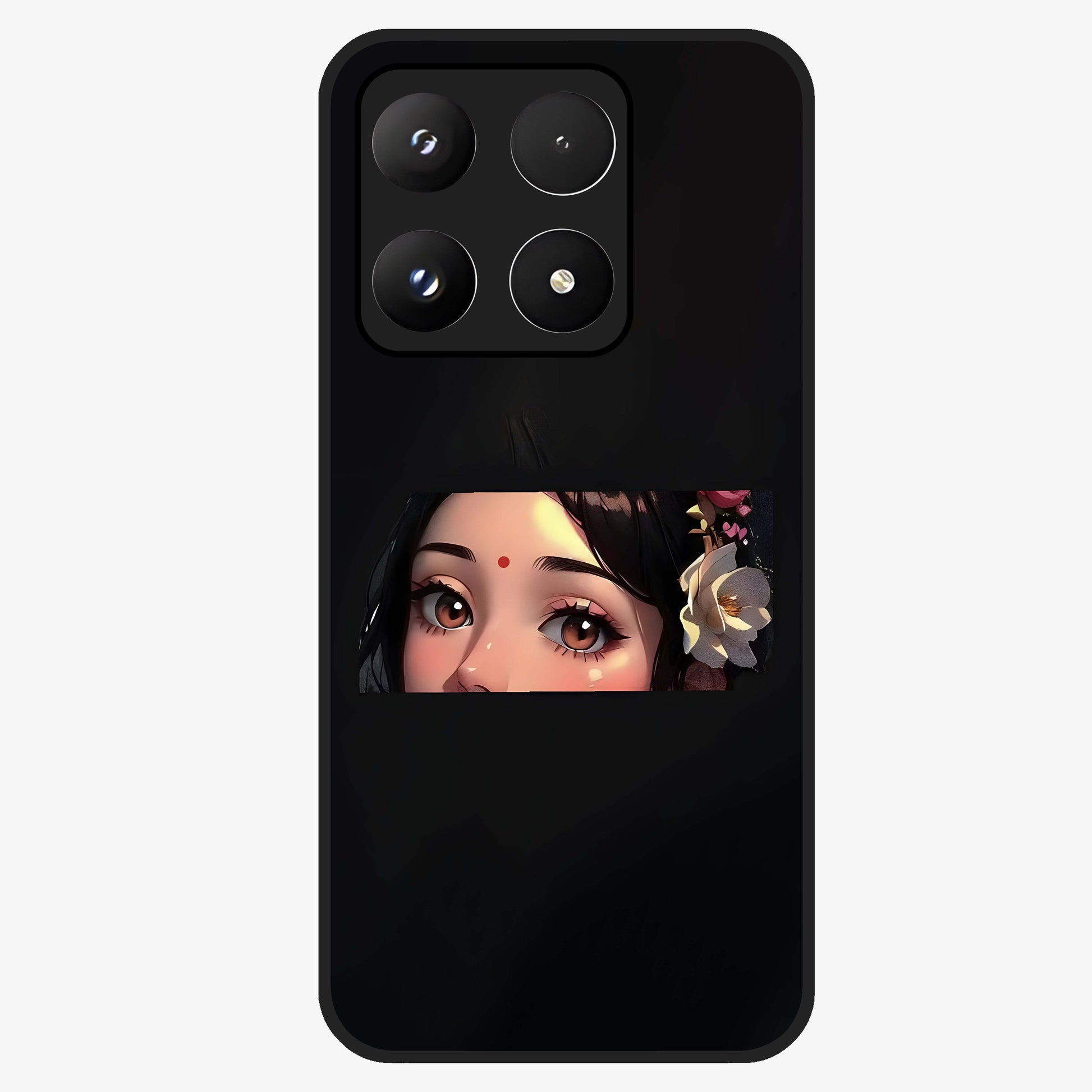 Radha Divine Embrace Glass Case showing flat back view with devotional Radha artwork and glossy glass finish.