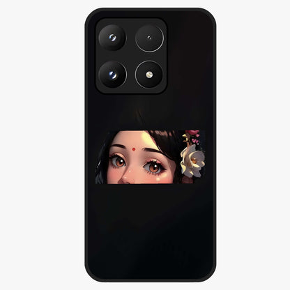 Radha Divine Embrace Glass Case showing flat back view with devotional Radha artwork and glossy glass finish.