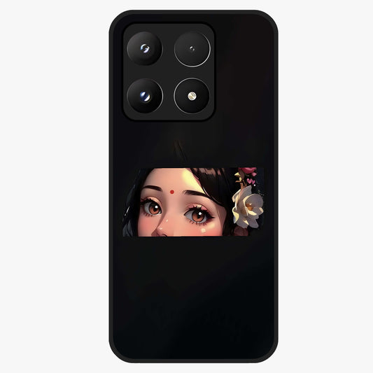 Radha Divine Embrace Glass Case showing flat back view with devotional Radha artwork and glossy glass finish.