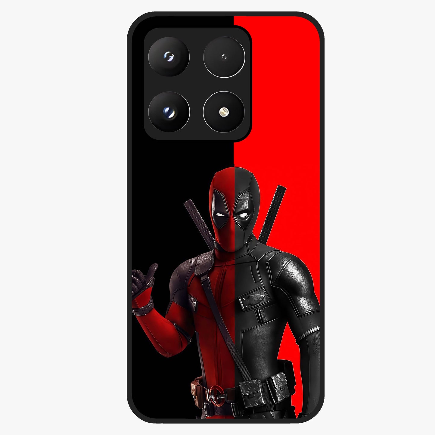 Red & Black Deadpool Theme Glass Case showing flat back view with bold comic inspired artwork and glossy glass finish.