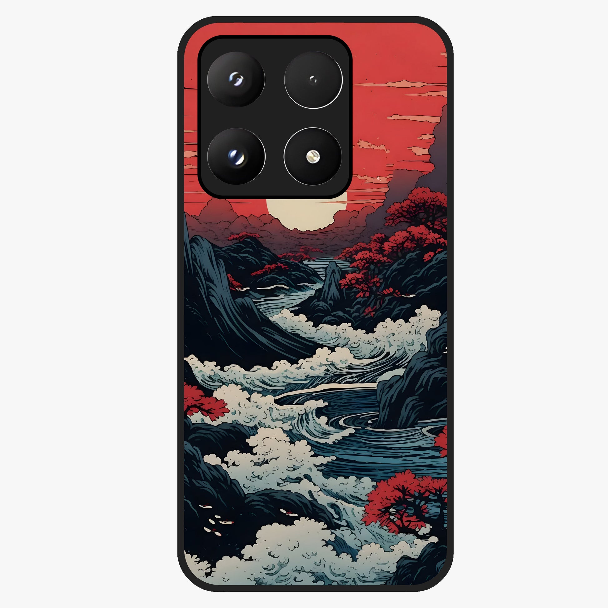 Red Sunset Scenery Glass Case showing flat back view with vibrant sunset landscape artwork and glossy glass finish.