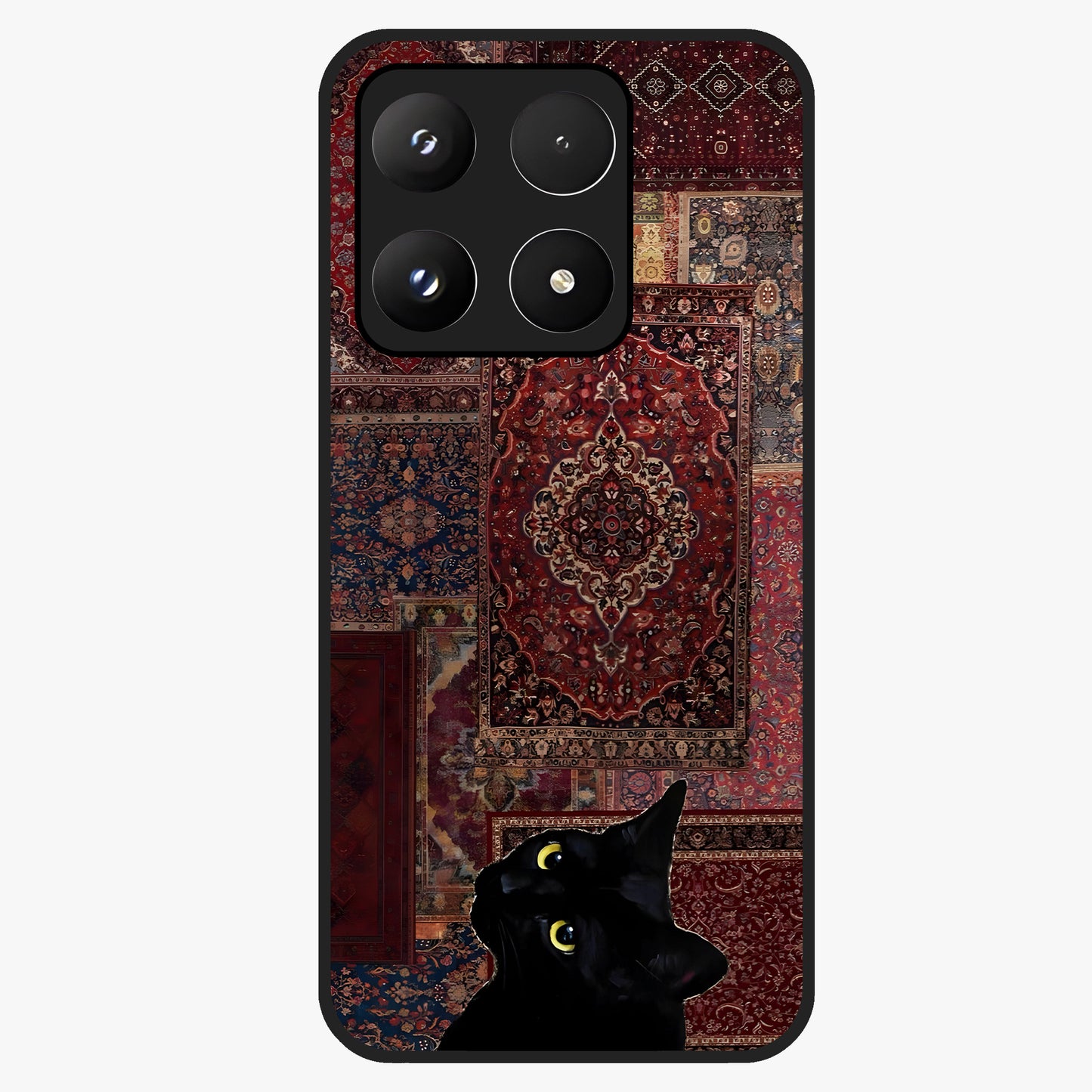 Regal Magic Cat Apple Glass Case showing flat back view with magical cat artwork holding apple and glossy glass finish.
