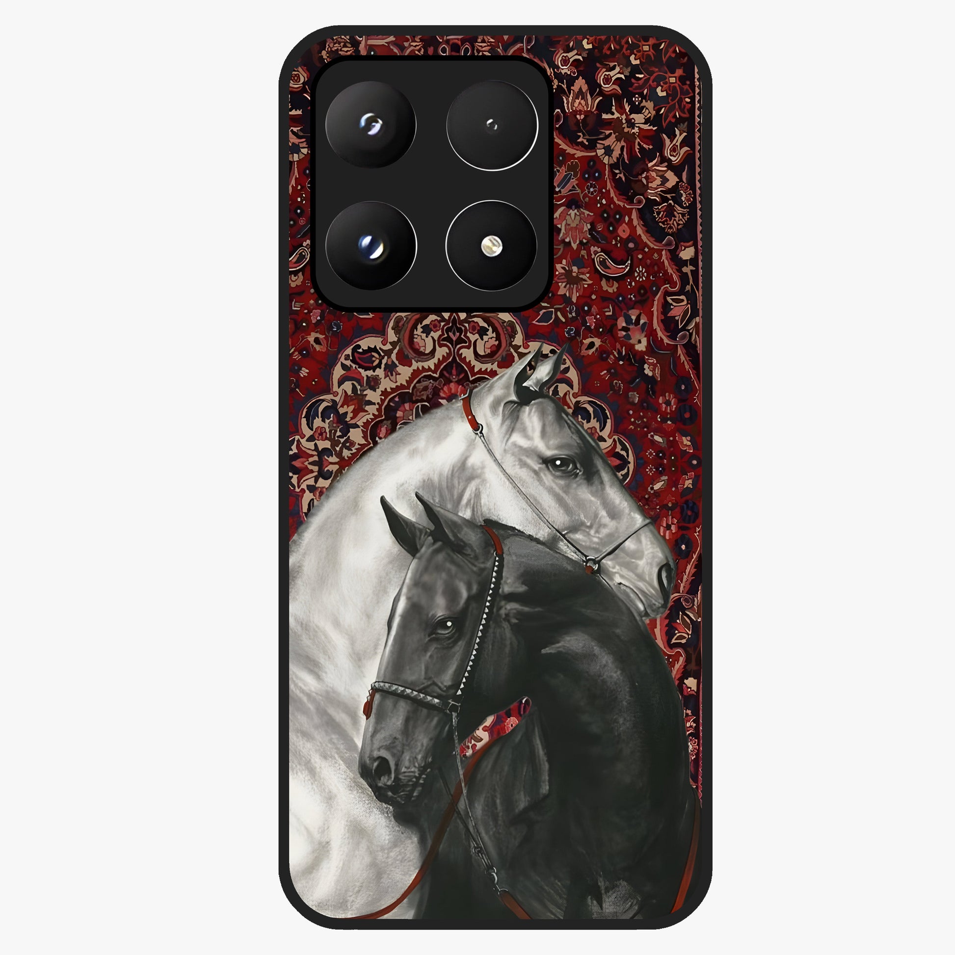 Regal Stallion Tapestry Glass Case showing flat back view with majestic horse tapestry artwork and glossy glass finish.