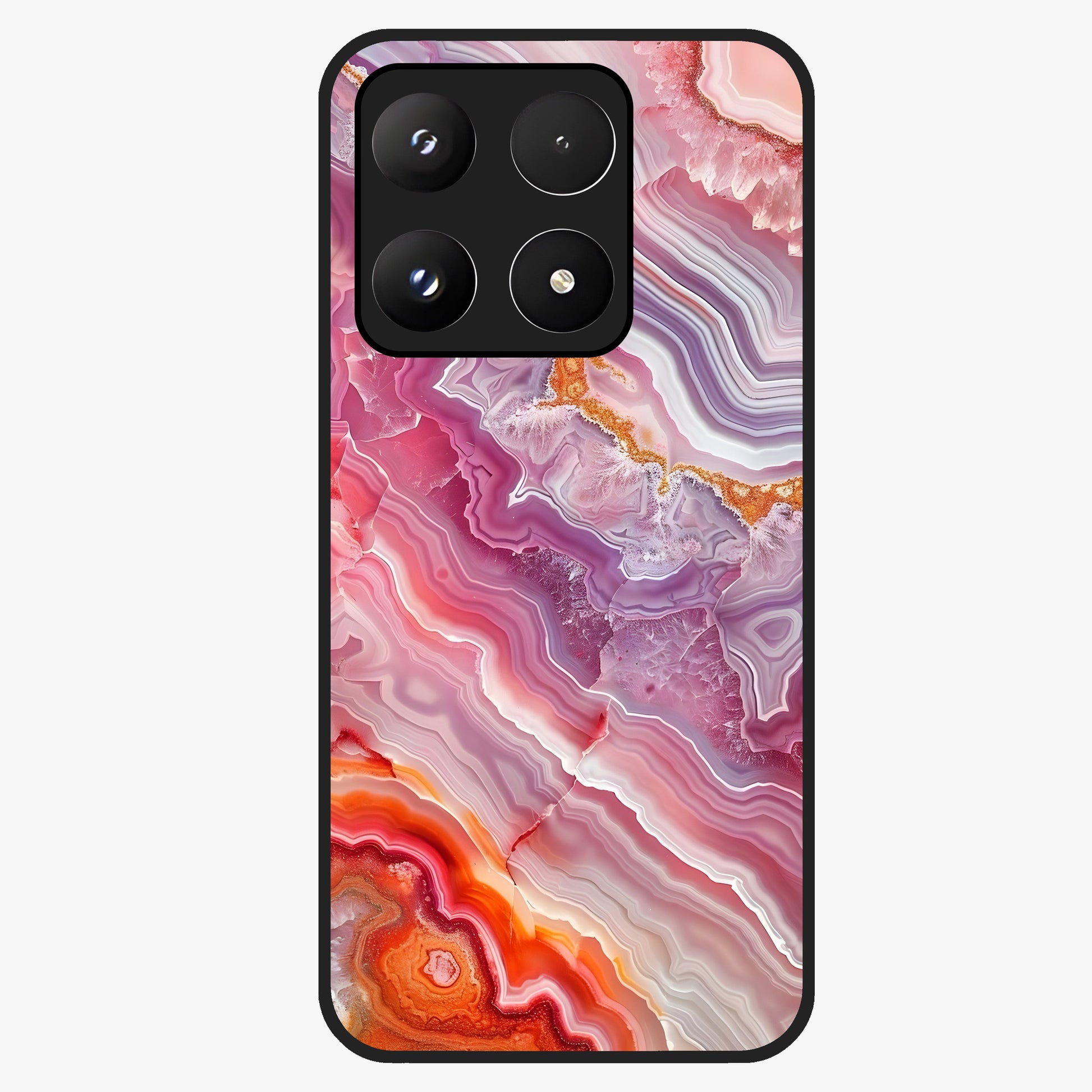 Rose Quartz Marble Glass Case showing flat back view with pink marble quartz texture artwork and glossy glass finish.