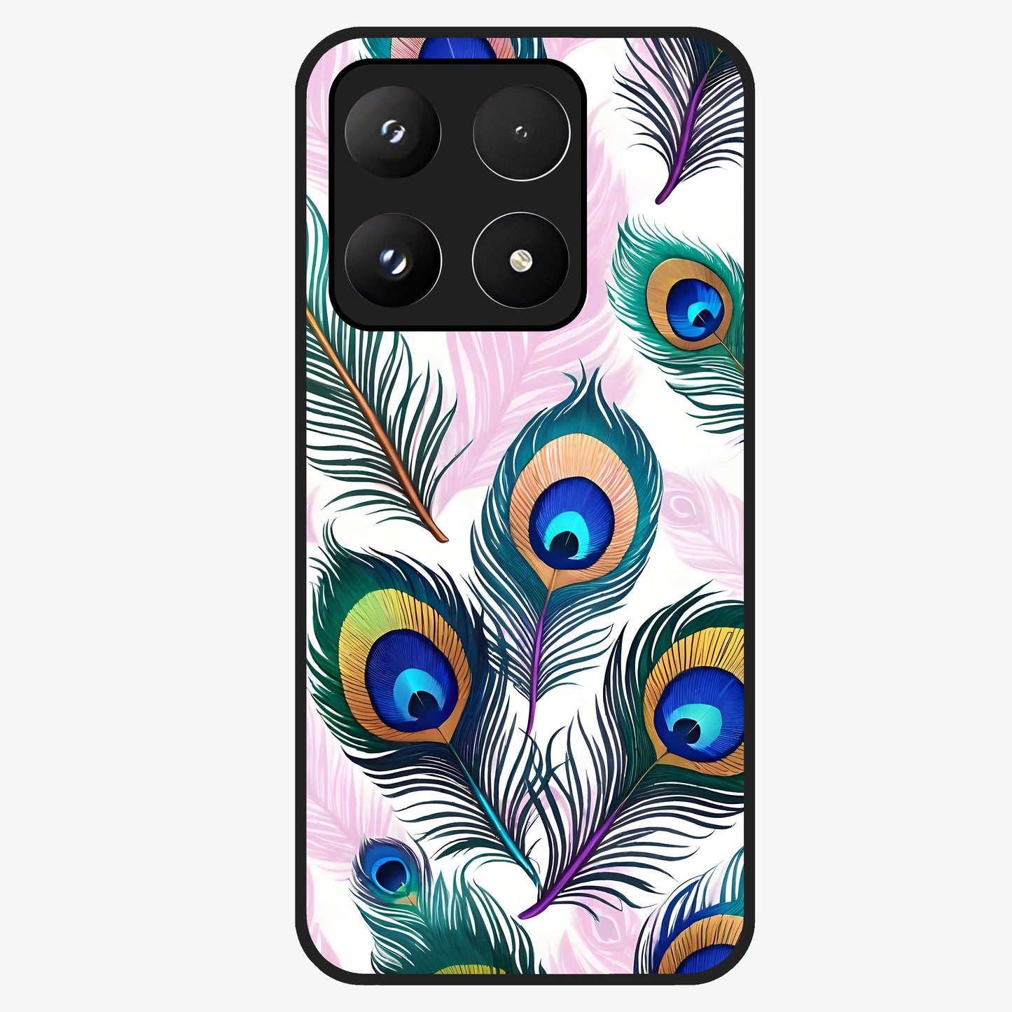 Royal Peacock Feathers Glass Case showing flat back view with colorful peacock feather artwork and glossy glass finish.