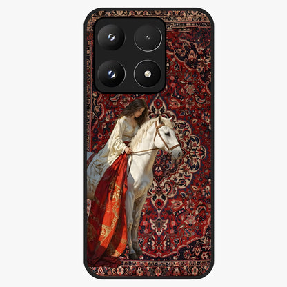 Royal Rider Tapestry Glass Case showing flat back view with majestic horse rider tapestry artwork and glossy glass finish.