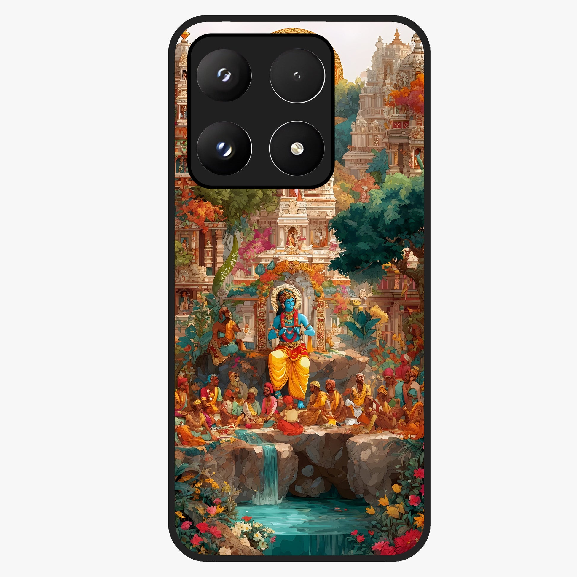 Sacred Sunlight Gods Glass Case showing flat back view with divine sunlight themed artwork and glossy glass finish.
