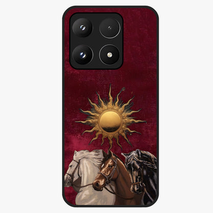 Solar Riders Glass Case showing flat back view with dynamic rider themed artwork and glossy glass finish.