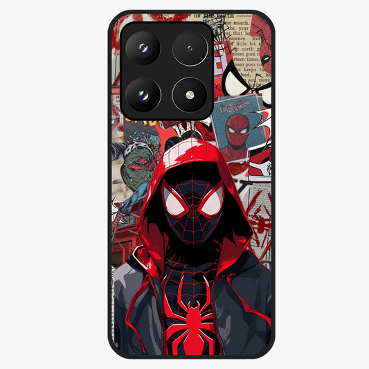 Spider Collage Street Glass Case showing flat back view with vibrant superhero collage artwork and glossy glass finish.