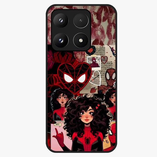 Spider Love Story Glass Case showing flat back view with romantic superhero themed artwork and glossy glass finish.