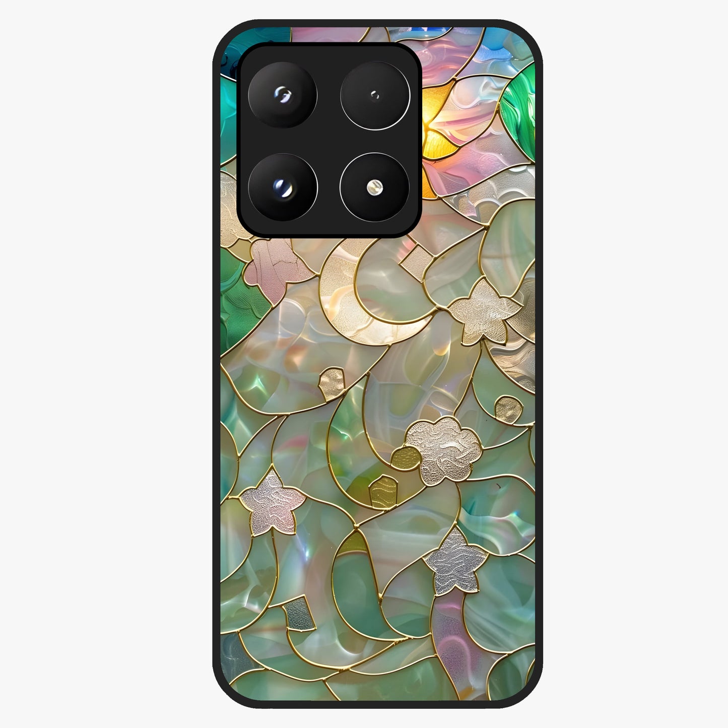 Stained Sunrise Glow Glass Case showing flat back view with glowing sunrise stained pattern artwork and glossy glass finish.
