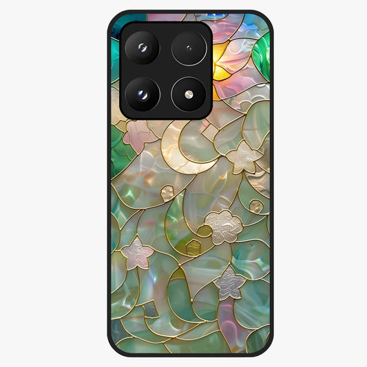 Stained Sunrise Glow Glass Case showing flat back view with glowing sunrise stained pattern artwork and glossy glass finish.