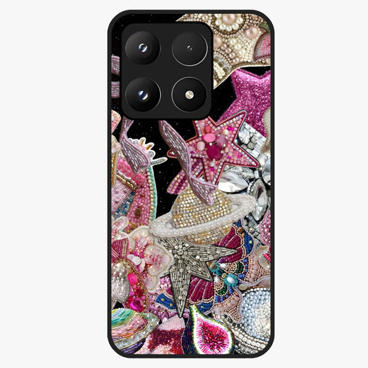 Starlit Jewel Dream Glass Case showing flat back view with sparkling jewel and star themed artwork and glossy glass finish.