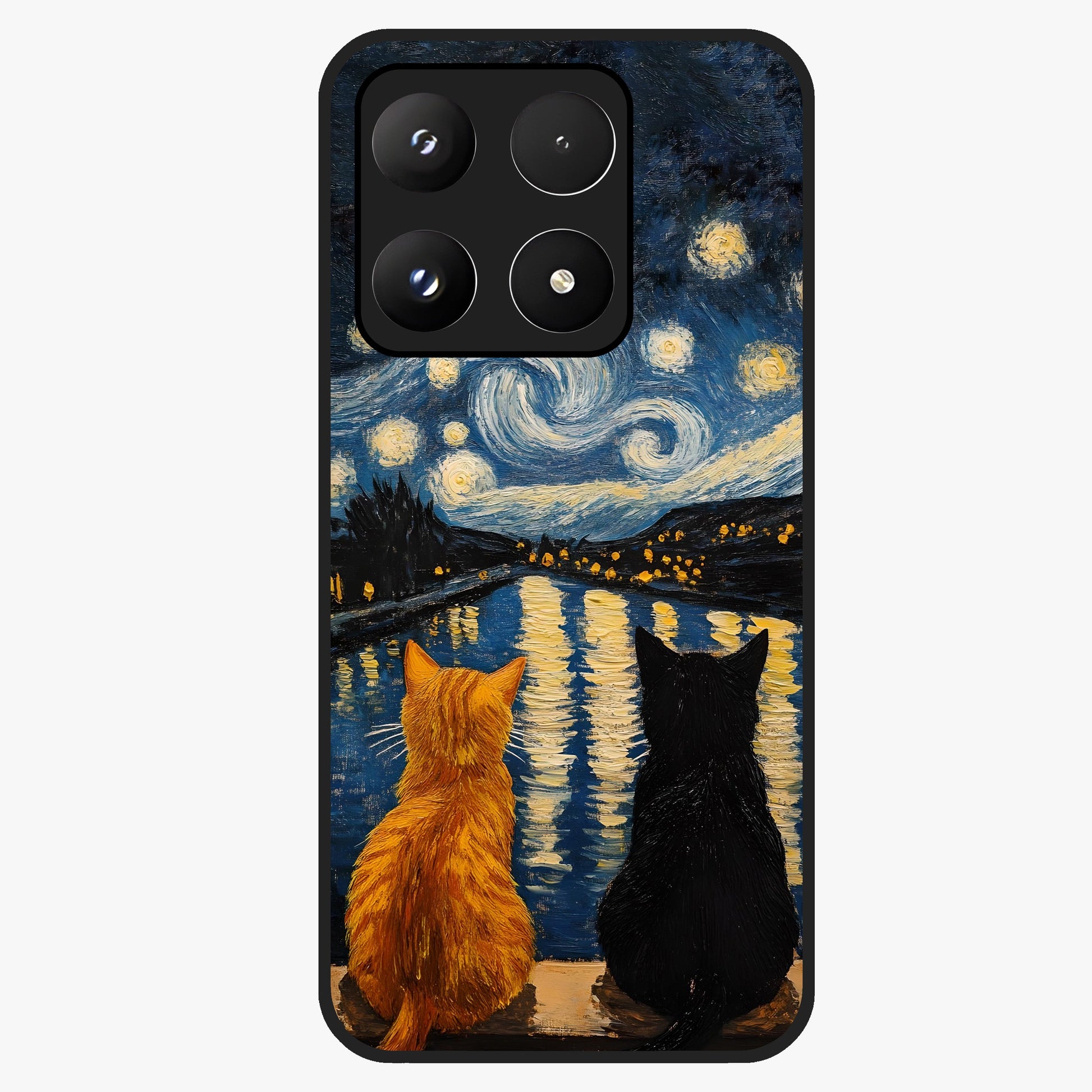 Starry River Cats Glass Case showing flat back view with cats by a starry river artwork and glossy glass finish.