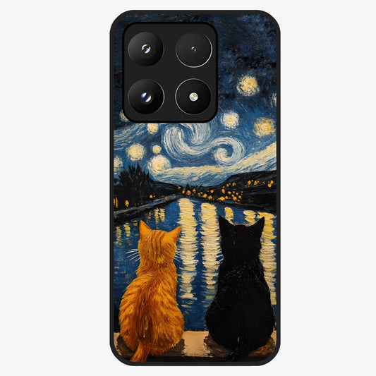 Starry River Cats Glass Case showing flat back view with cats by a starry river artwork and glossy glass finish.