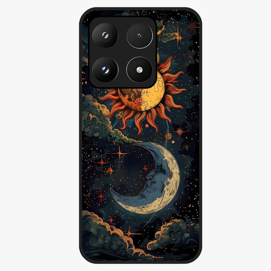Sun And Moon Magic Design Glass Case showing flat back view with mystical sun and moon artwork and glossy glass finish.