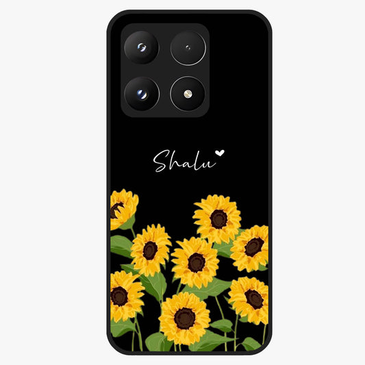 Sunflower Chic Mood Custom Name Glass Case showing flat back view with stylish sunflower artwork and personalized name design.
