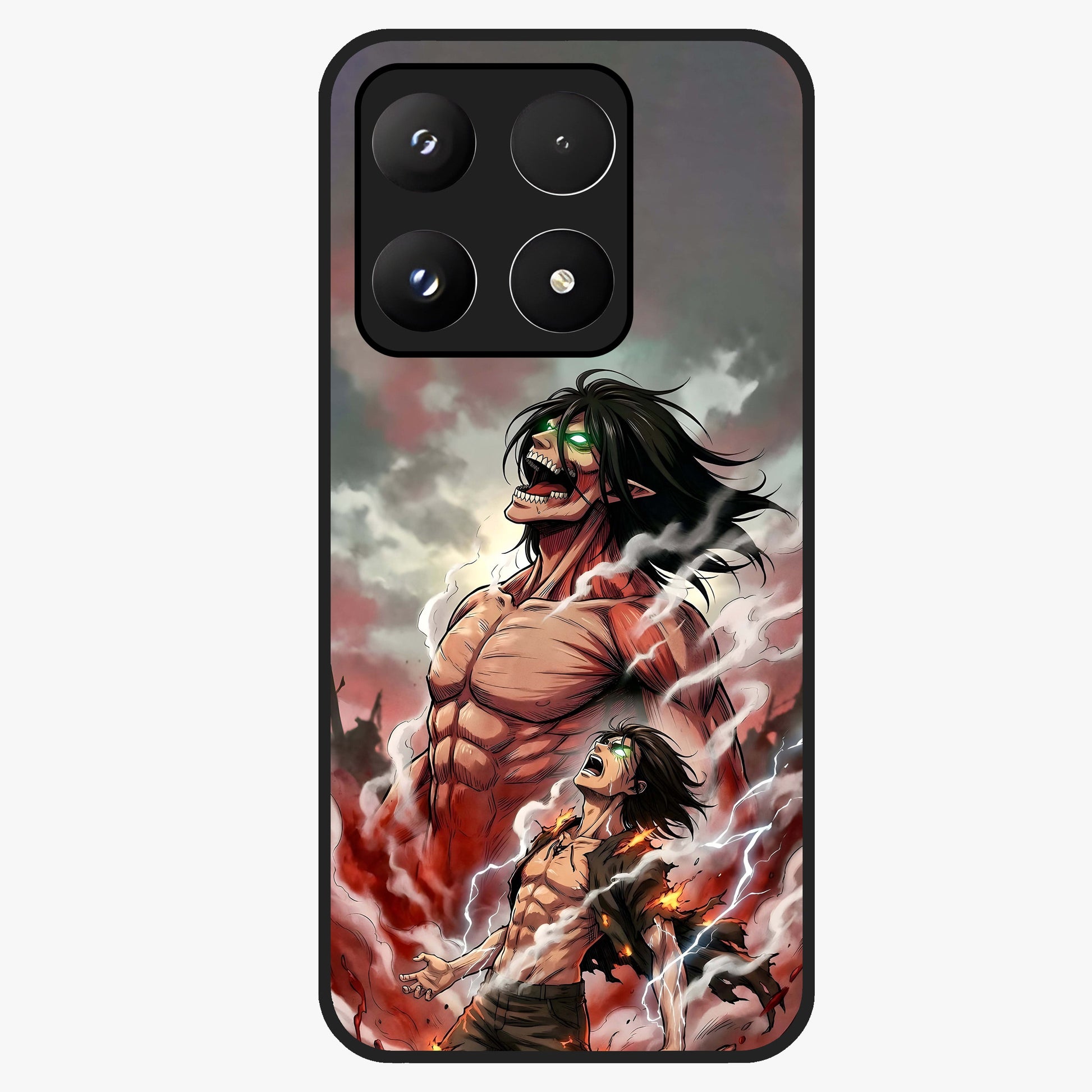 Titan Awakening Fury Glass Case showing flat back view with powerful titan inspired artwork and glossy glass finish.