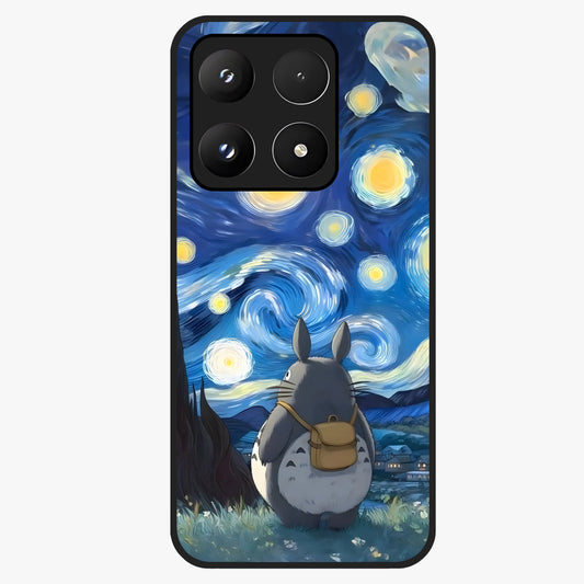 Totoro In Van Gogh Art Glass Case showing flat back view with whimsical character artwork inspired by Van Gogh style and glossy glass finish.