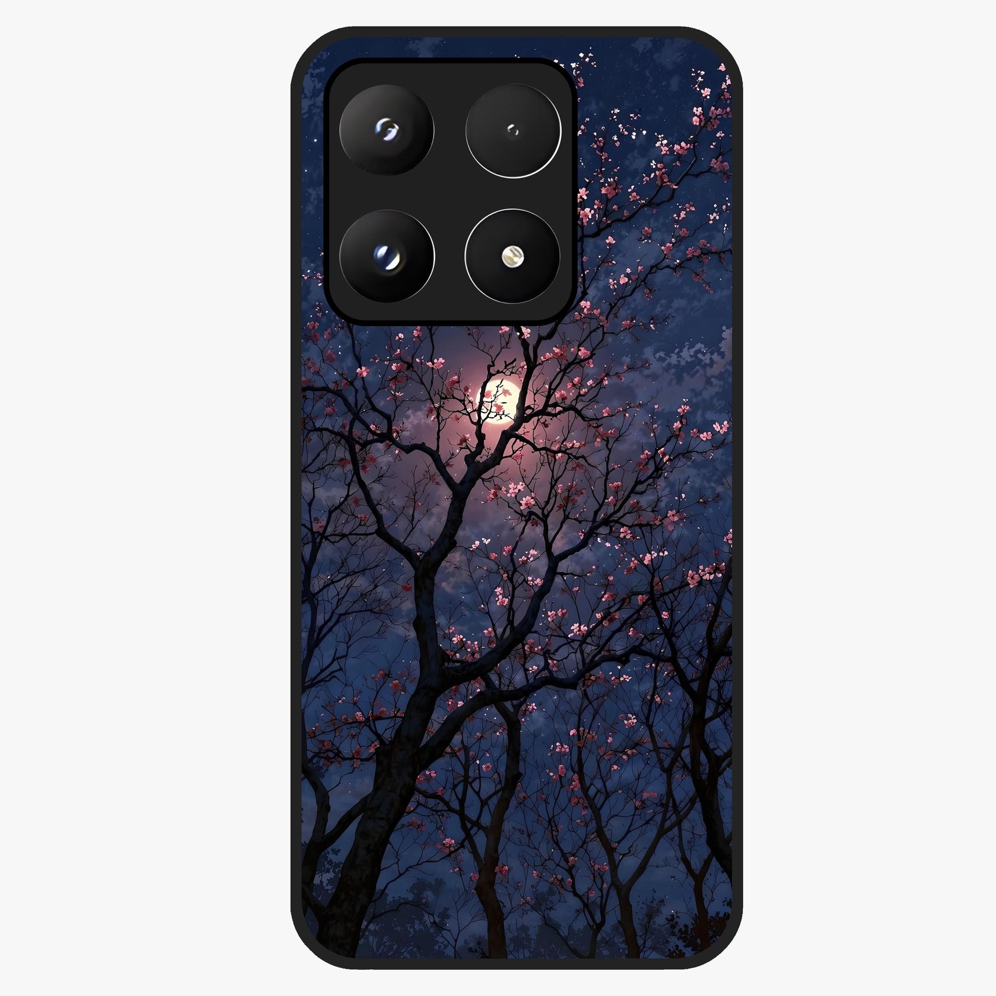 Twilight Sakura Serenade Glass Case showing flat back view with cherry blossom artwork at twilight and glossy glass finish.
