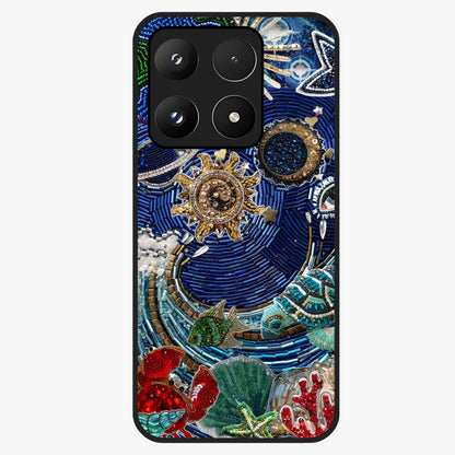 Universe Underwater Spark Glass Case showing flat back view with cosmic underwater themed artwork and glossy glass finish.