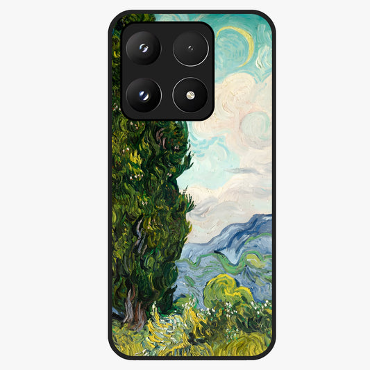 Van Gogh Vintage Art Glass Case showing flat back view with vintage painterly artwork inspired by Van Gogh style and glossy glass finish.