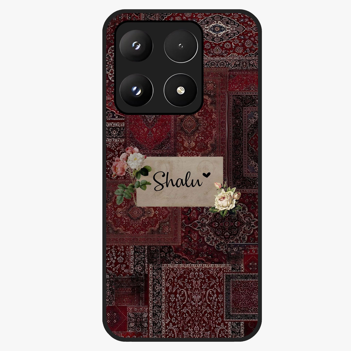 Velvet Wine Pattern Custom Name Glass Case showing flat back view with elegant wine colored pattern artwork and personalized name design.