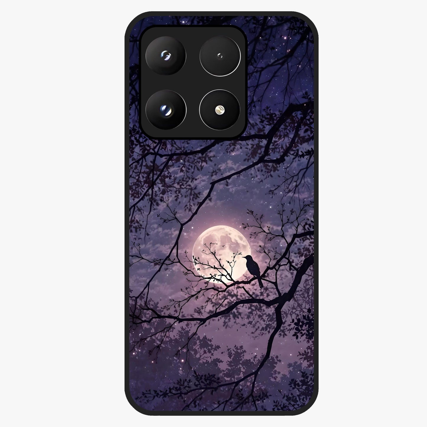 Whispering Moon Silence Glass Case showing flat back view with serene moon themed artwork and glossy glass finish.