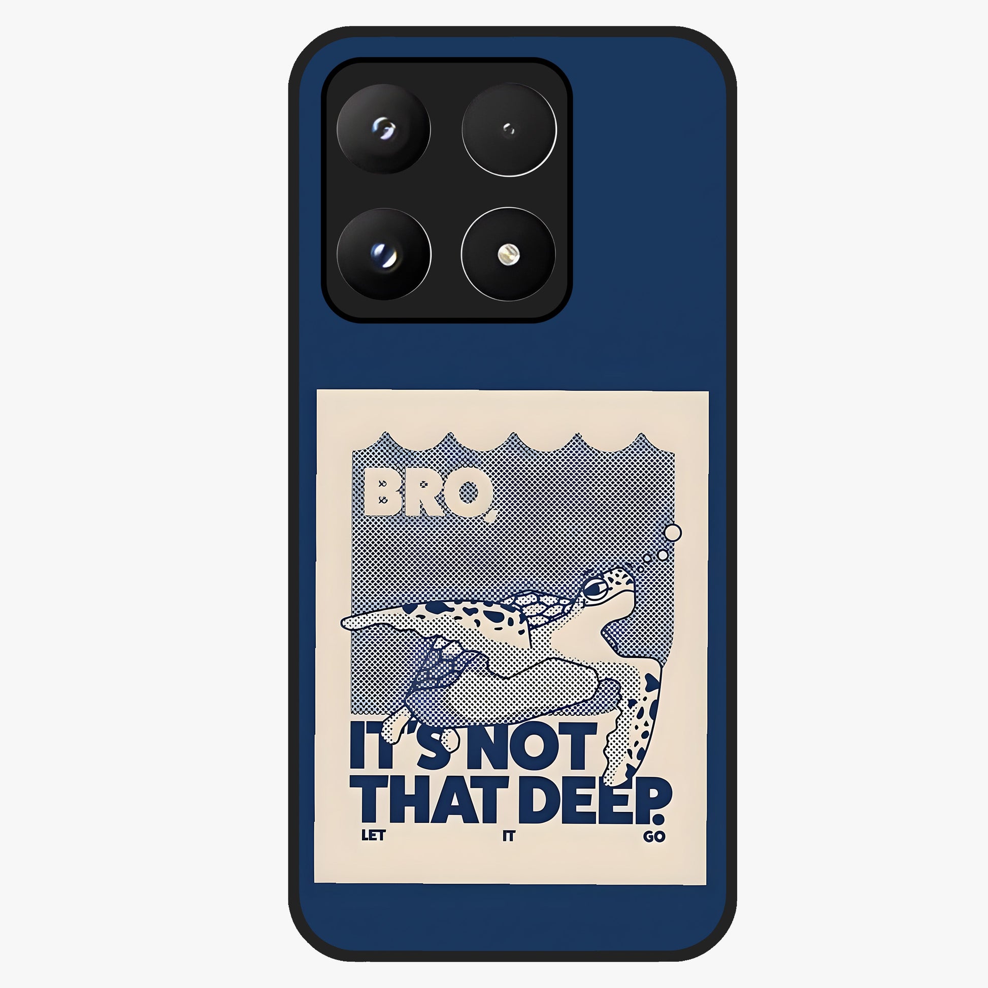Worry Less Swim Glass Case showing flat back view with playful motivational artwork and glossy glass finish.