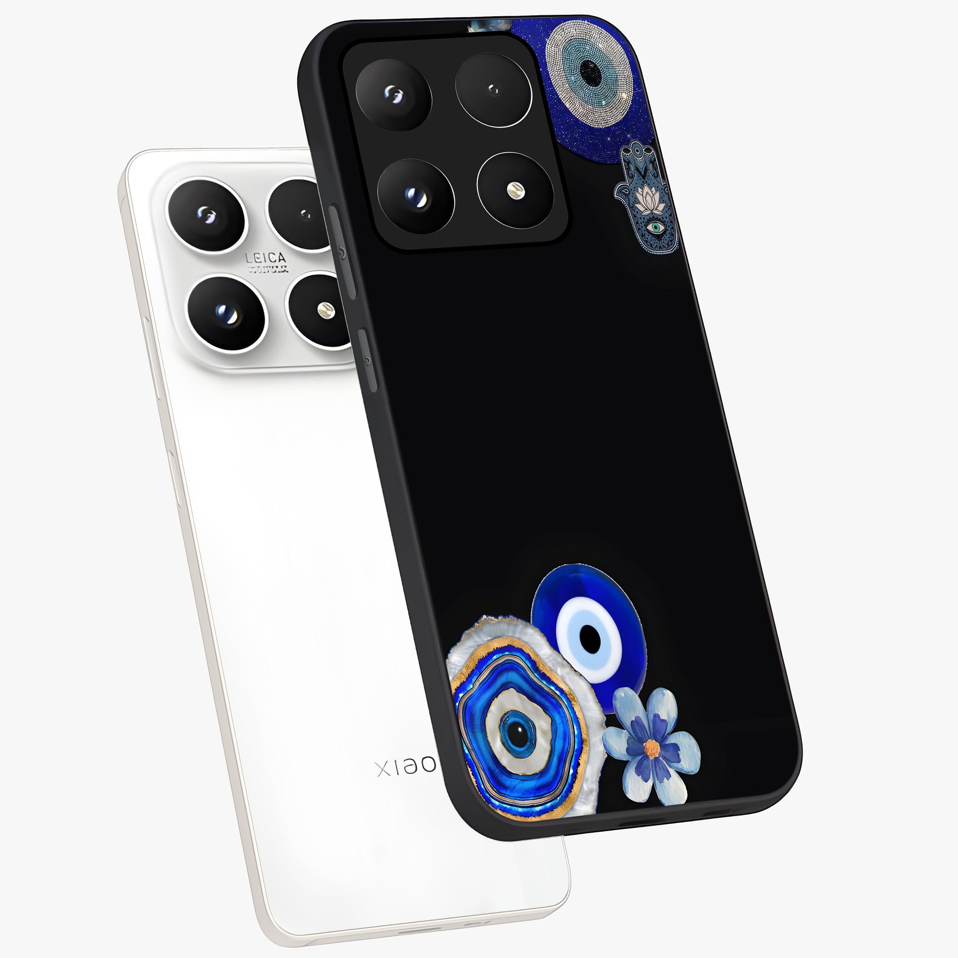 Aesthetic Blue Evil Eye Glass Case displayed in angled mockup highlighting blue evil eye symbol and spiritual aesthetic design.